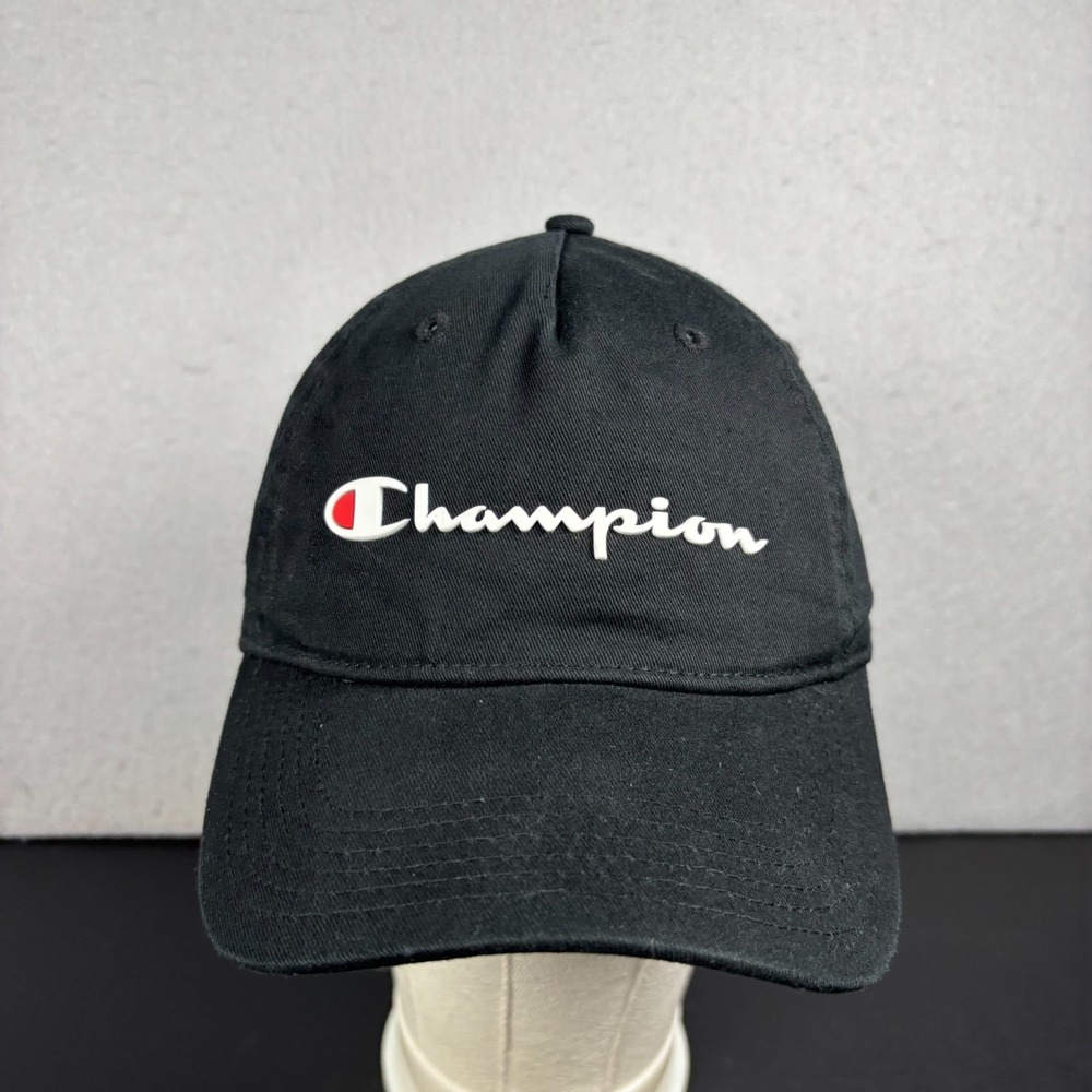 Champion Baseball Cap Hat Black Adjustable Strap Back Raised White Logo OSFM